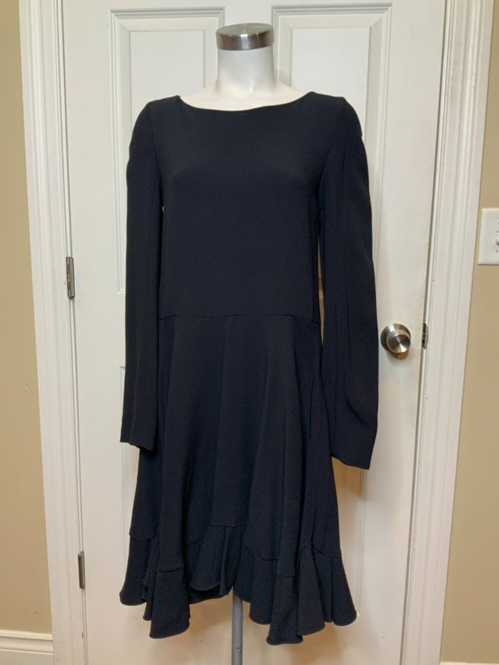 Chloe Navy Blue Long Sleeve Ruffle Hem Dress, Size 36 | 4, NWT!